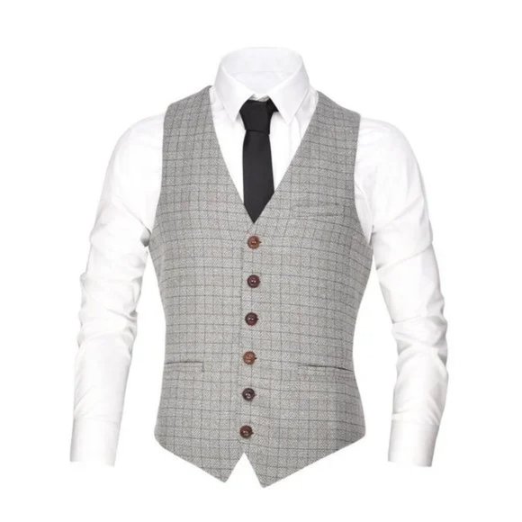 New Men's V-Neck Suit Vest Button Waistcoat Beige - Picture 1 of 8